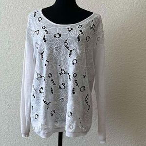J Jill white embroidered floral linen blend top sweater size M